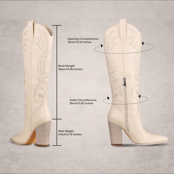 Women's White Embroidered Wide Calf Chunky Knee High Heels Western Boots - Picture 6 of 7